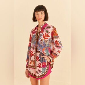 NEW FARM Rio Macaw Scarf Pink Linen Blend Shirt Blouse Top S